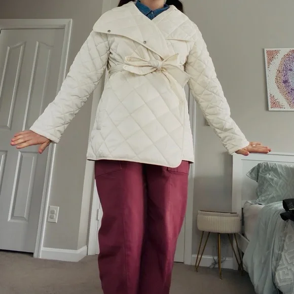 Rebecca Minkoff Cream Quilted Light Weight Puffer Jacket Tie Waist Size L NWT - Picture 5 of 9
